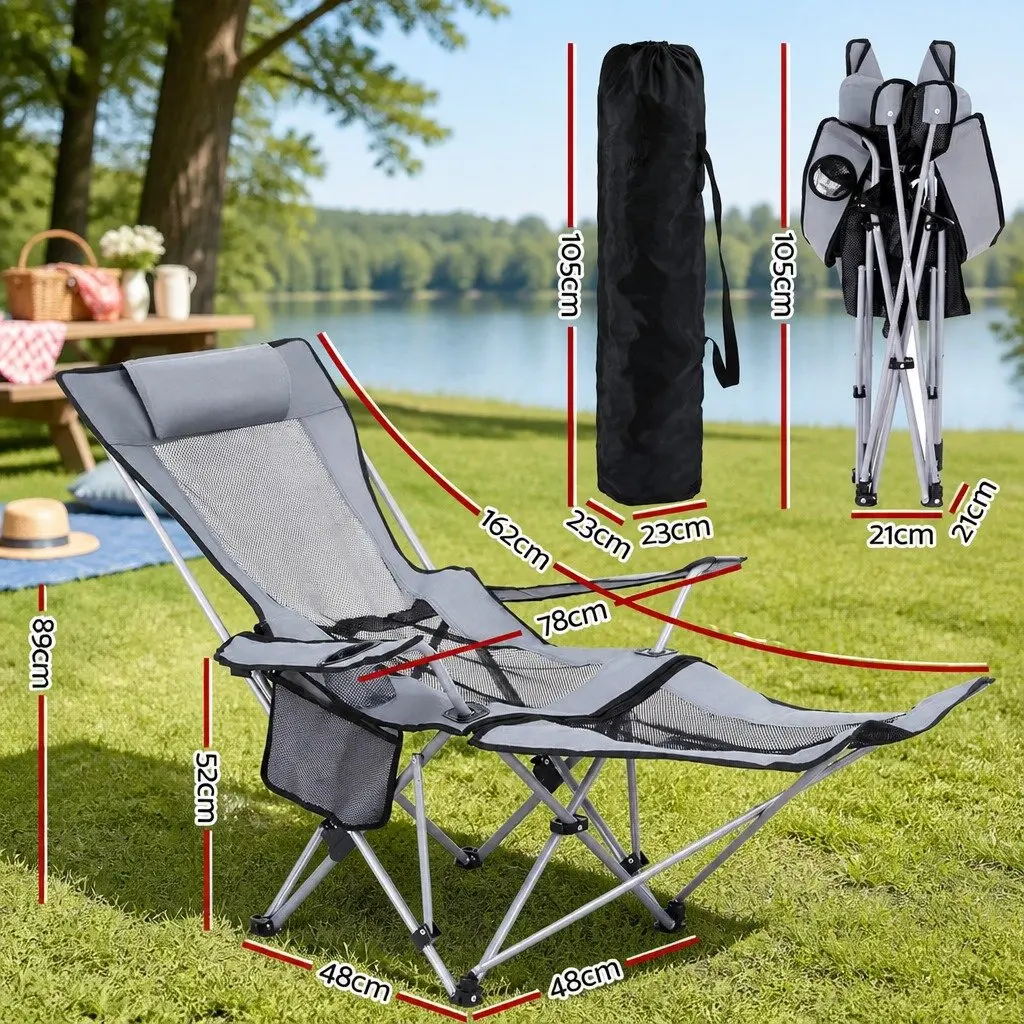 Folding Camping Chair Outdoor Use Adjustable Reclining Portable Grey with Footrest