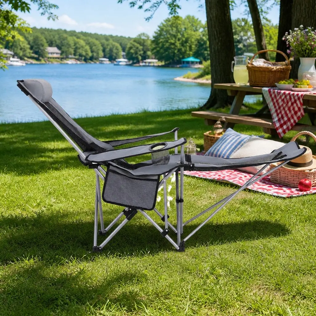 Folding Camping Chair Outdoor Use Adjustable Reclining Portable Grey with Footrest