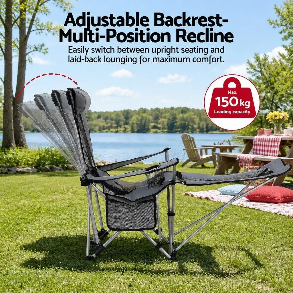 Folding Camping Chair Outdoor Use Adjustable Reclining Portable Grey with Footrest