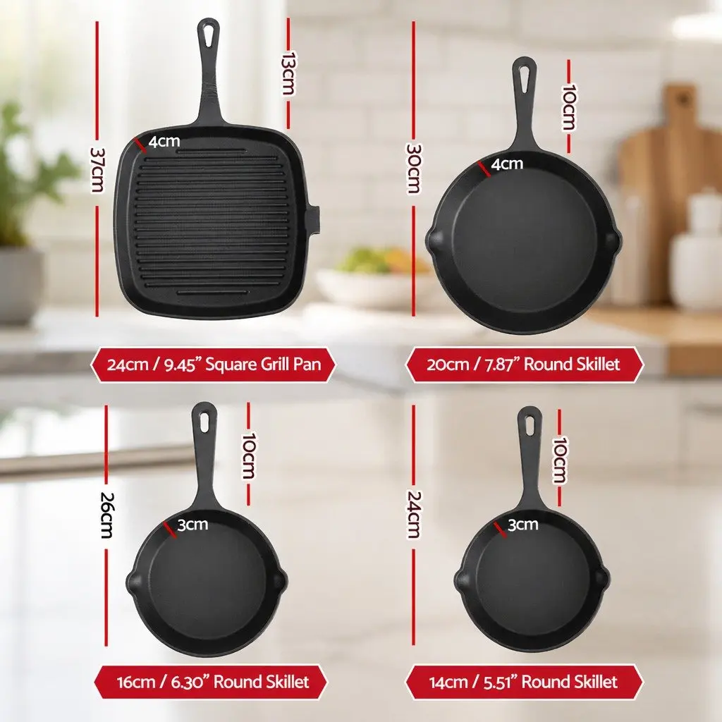 Cast Iron Frying Pan Skillet Set for Cooking 4 Piece Black 14cm 16cm 20cm 24cm