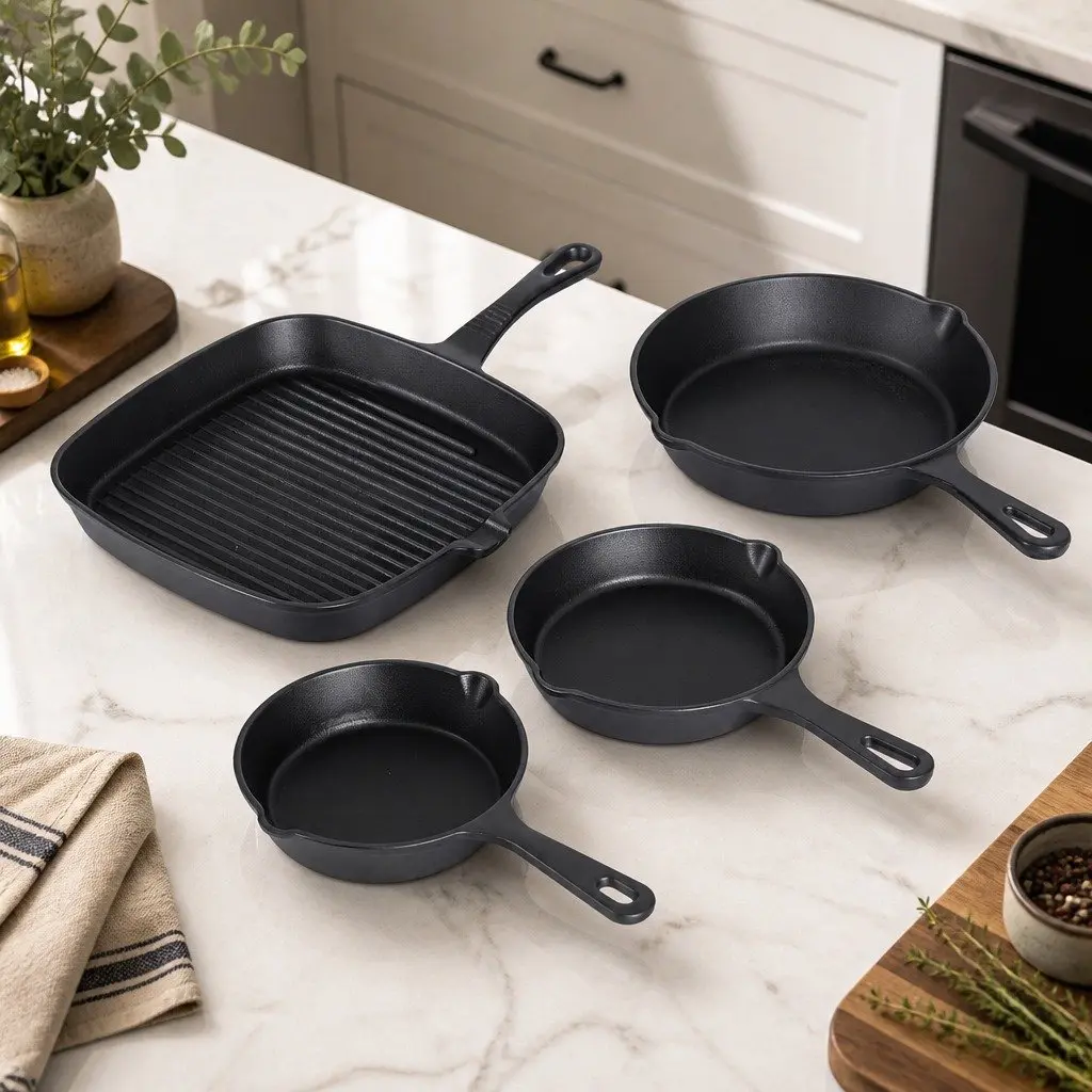 Cast Iron Frying Pan Skillet Set for Cooking 4 Piece Black 14cm 16cm 20cm 24cm