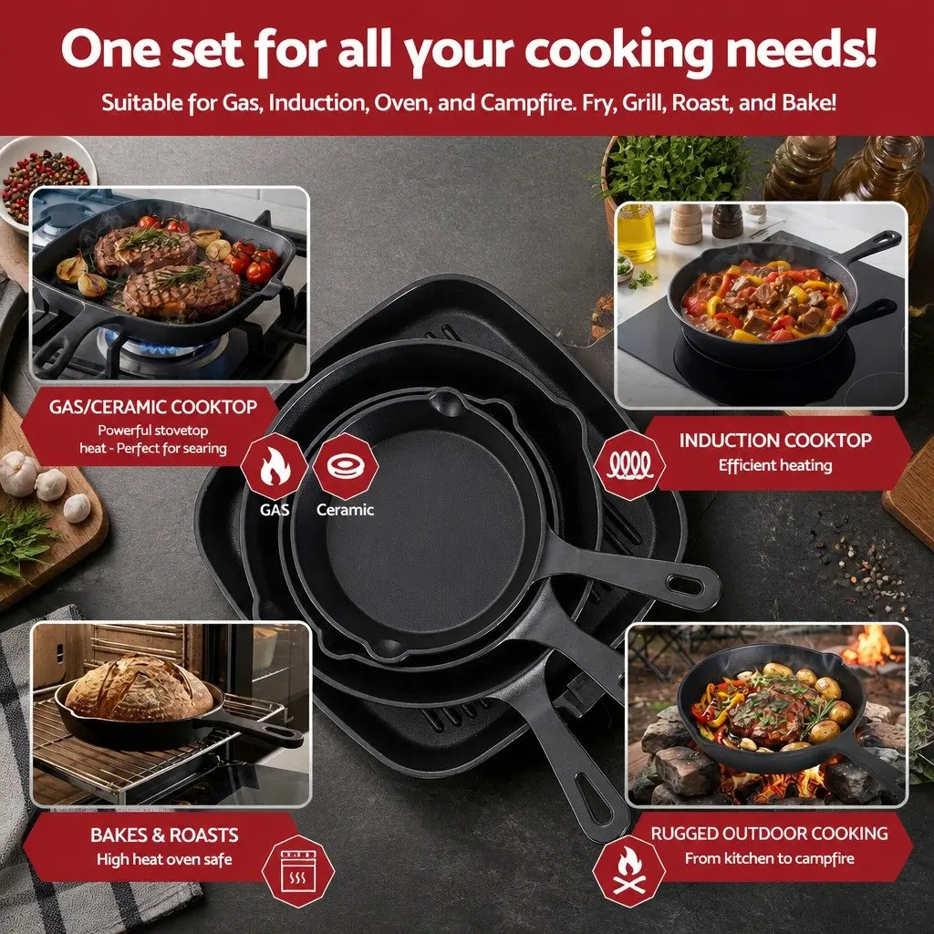 Cast Iron Frying Pan Skillet Set for Cooking 4 Piece Black 14cm 16cm 20cm 24cm