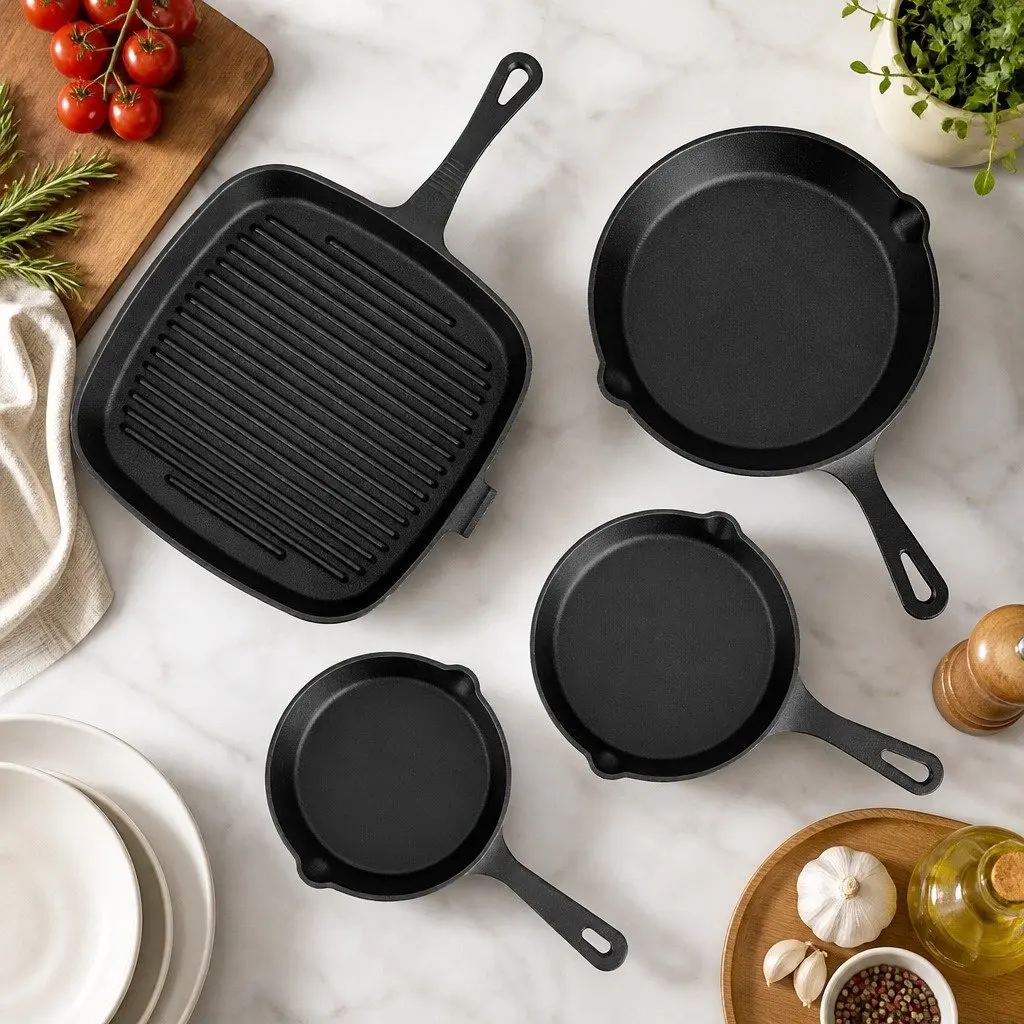 Cast Iron Frying Pan Skillet Set for Cooking 4 Piece Black 14cm 16cm 20cm 24cm