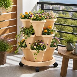 3 Tier Stackable Vertical Planter Tower with Wheels Strawberry Herb Garden Beige