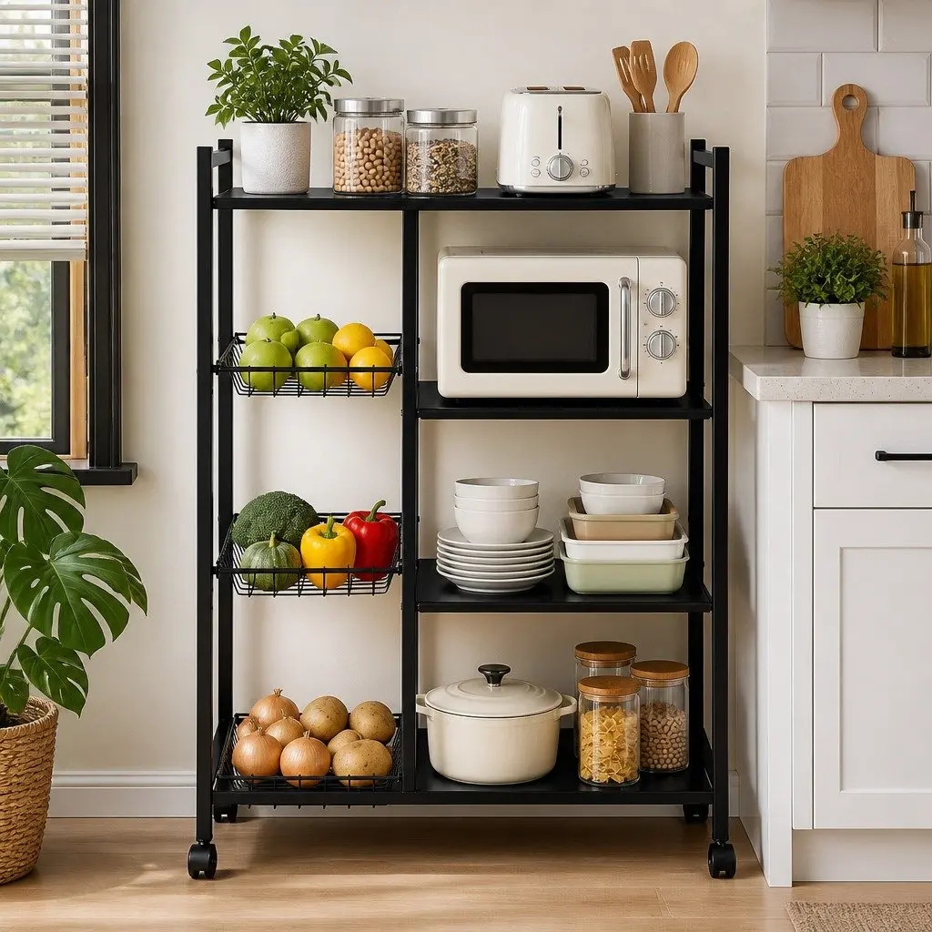 4-Tier Kitchen Storage Shelf with Adjustable Baskets, Dark Grey