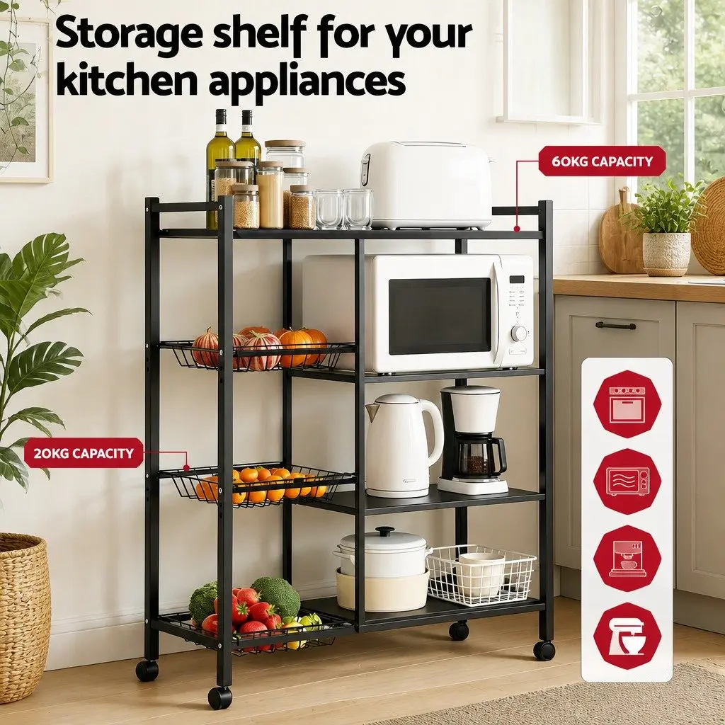 4-Tier Kitchen Storage Shelf with Adjustable Baskets, Dark Grey