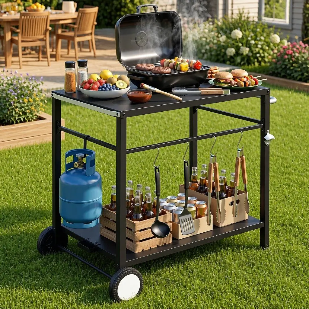 Stainless Steel Work Table Mobile Kitchen Trolley Outdoor BBQ Prep Cart with Wheels 85cm x 54.5cm