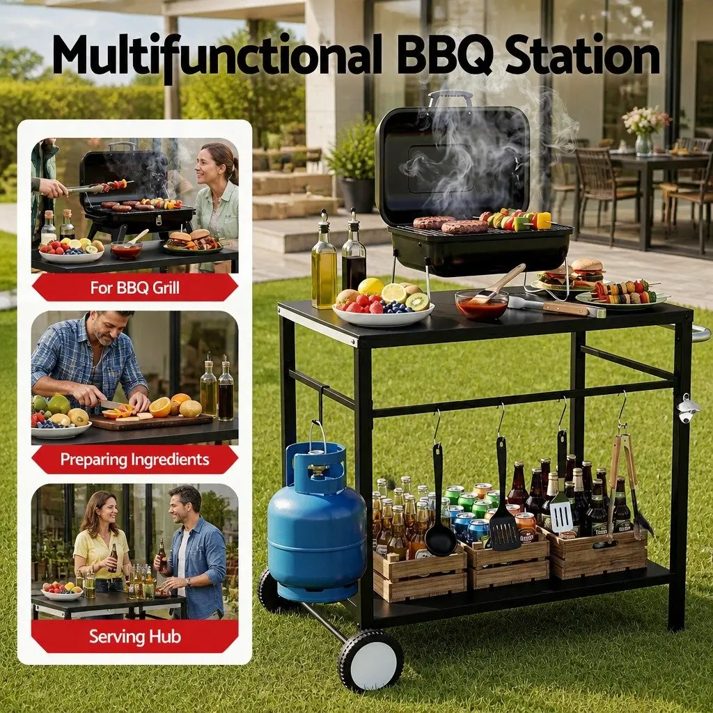 Stainless Steel Work Table Mobile Kitchen Trolley Outdoor BBQ Prep Cart with Wheels 85cm x 54.5cm