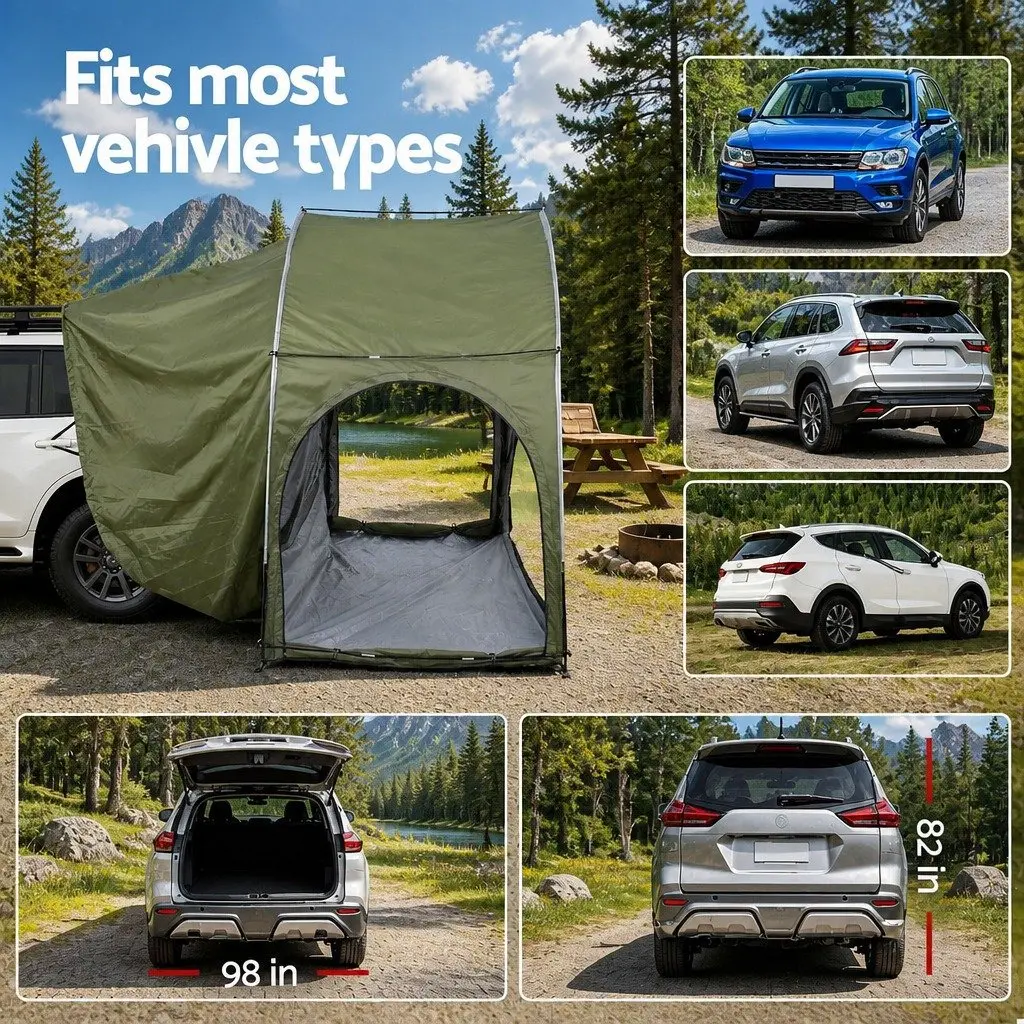 Car Camping Tent Rear Hatchback SUV Canopy Portable Green Shelter for Outdoor Use 292 x 144 x 203 cm