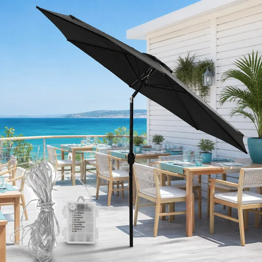 Outdoor Umbrella for Patio Garden 2.9m with LED String Lights Black