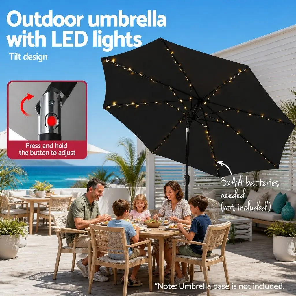 Outdoor Umbrella for Patio Garden 2.9m with LED String Lights Black