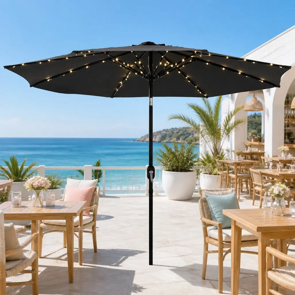 Outdoor Umbrella for Patio 2.9m Octagonal Canopy with LED String Lights Tilt Charcoal