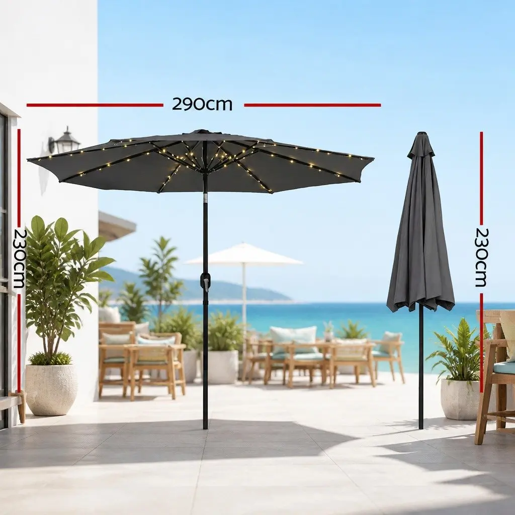 Outdoor Umbrella for Patio 2.9m Octagonal Canopy with LED String Lights Tilt Charcoal