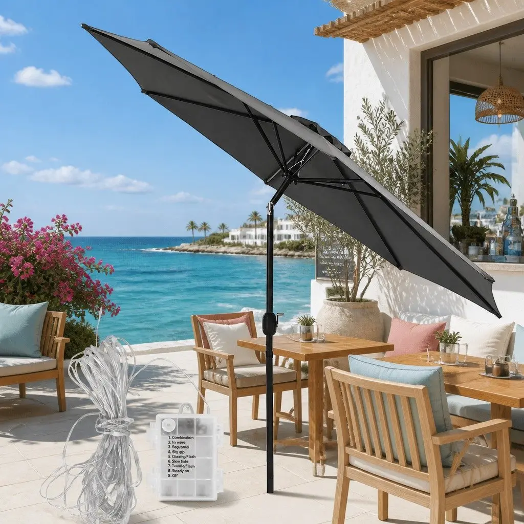 Outdoor Umbrella for Patio 2.9m Octagonal Canopy with LED String Lights Tilt Charcoal