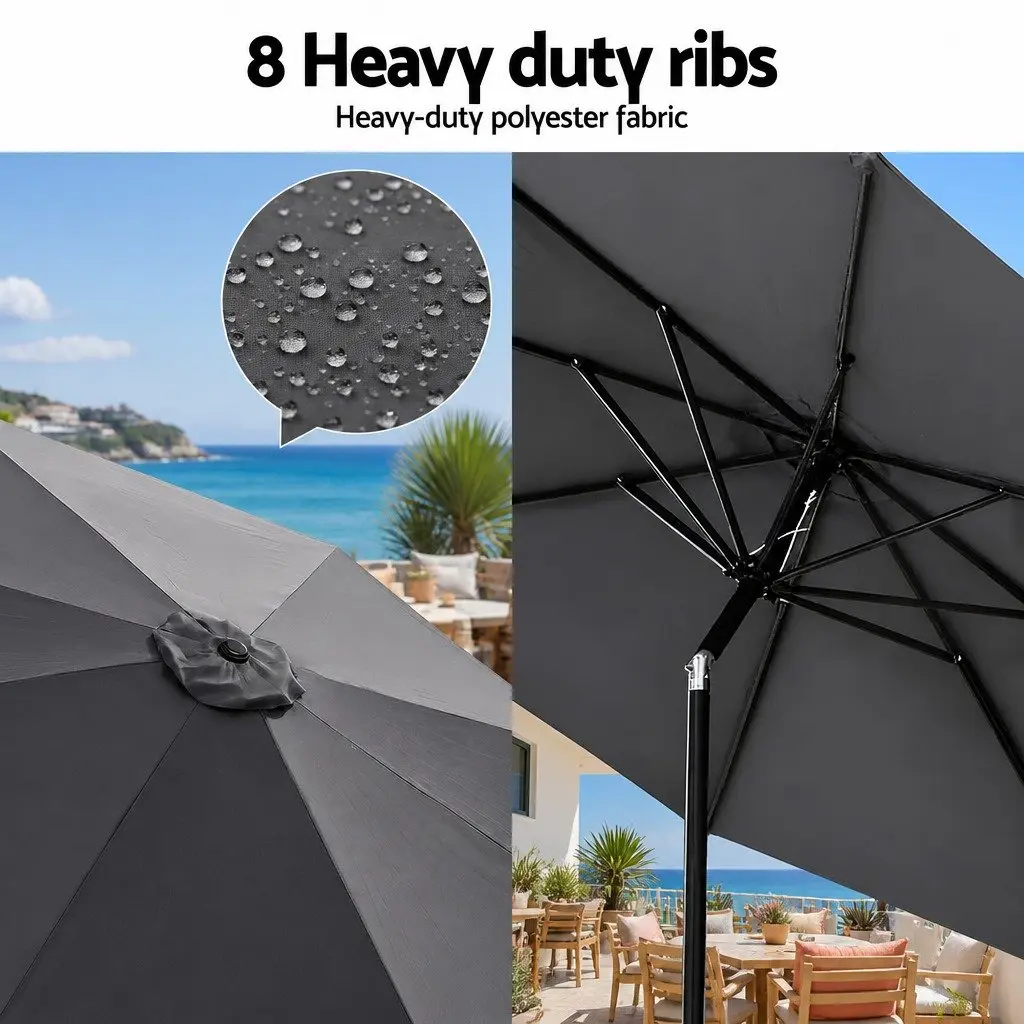 Outdoor Umbrella for Patio 2.9m Octagonal Canopy with LED String Lights Tilt Charcoal