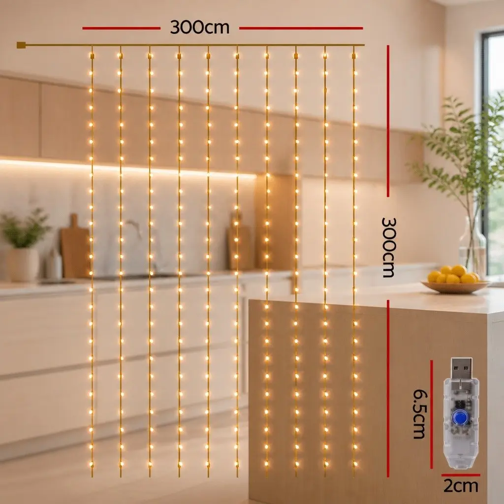 Curtain String Lights Indoor Outdoor 3M x 3M 300 LED Warm White