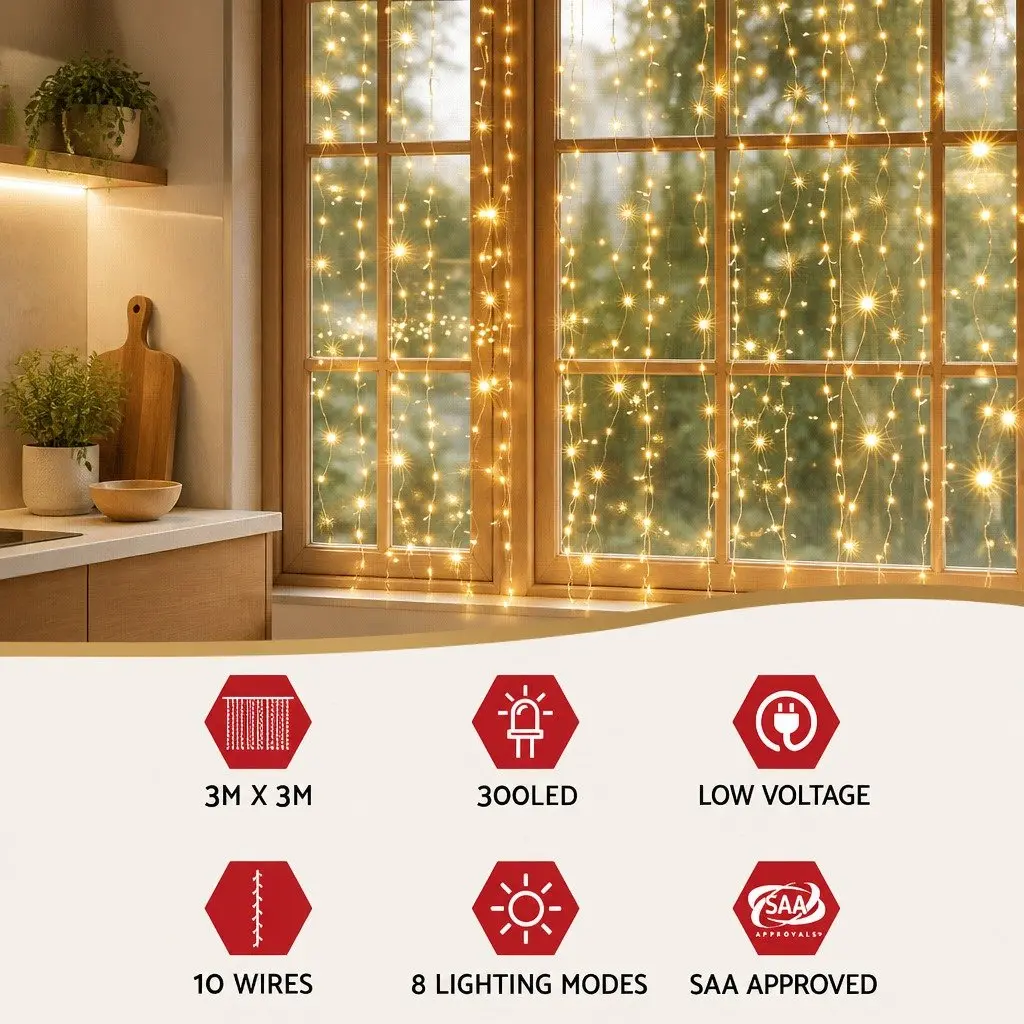 Curtain String Lights Indoor Outdoor 3M x 3M 300 LED Warm White