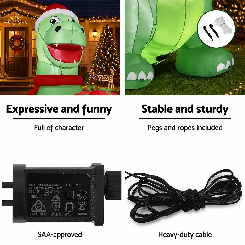 Christmas Inflatable Dinosaur 1.8M Height LED Illuminated Outdoor Indoor