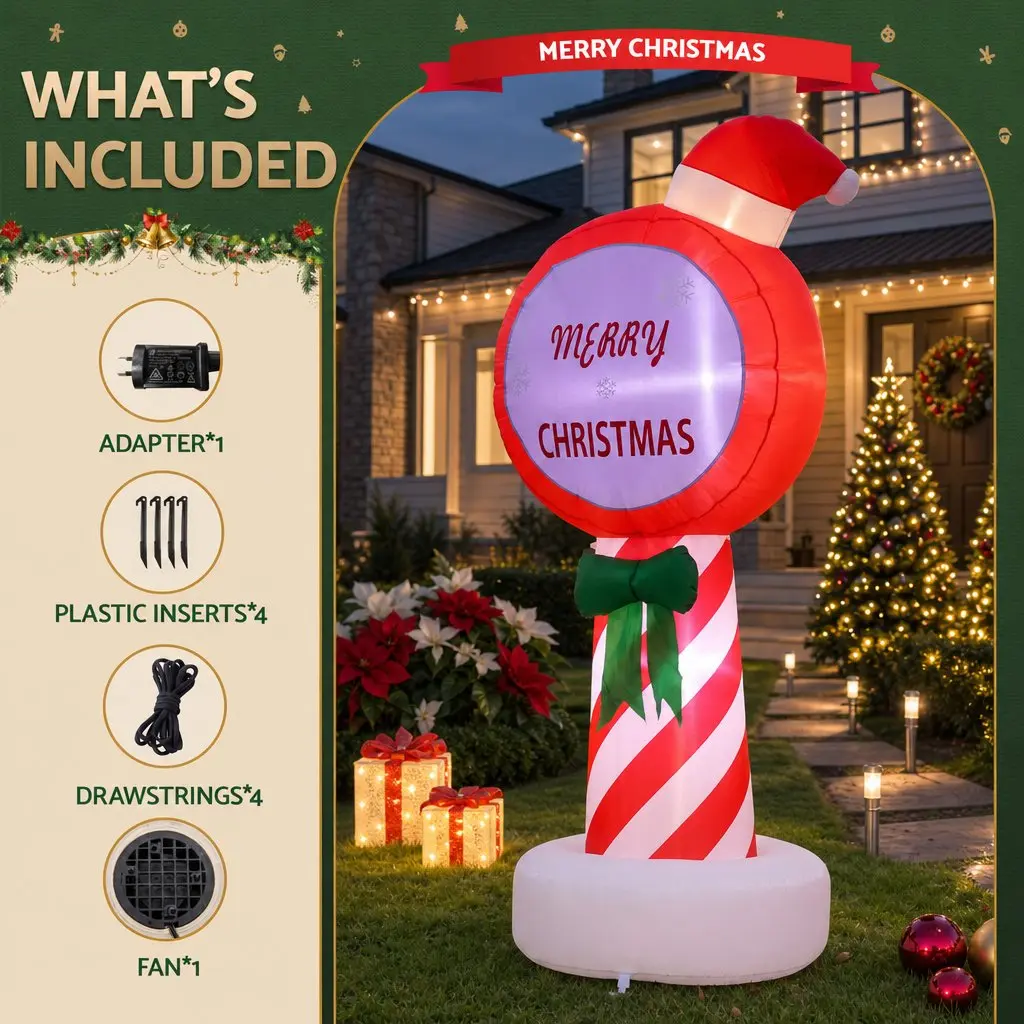 Christmas Inflatable Pole 1.8M LED Outdoor Decorations Red Illuminated Display