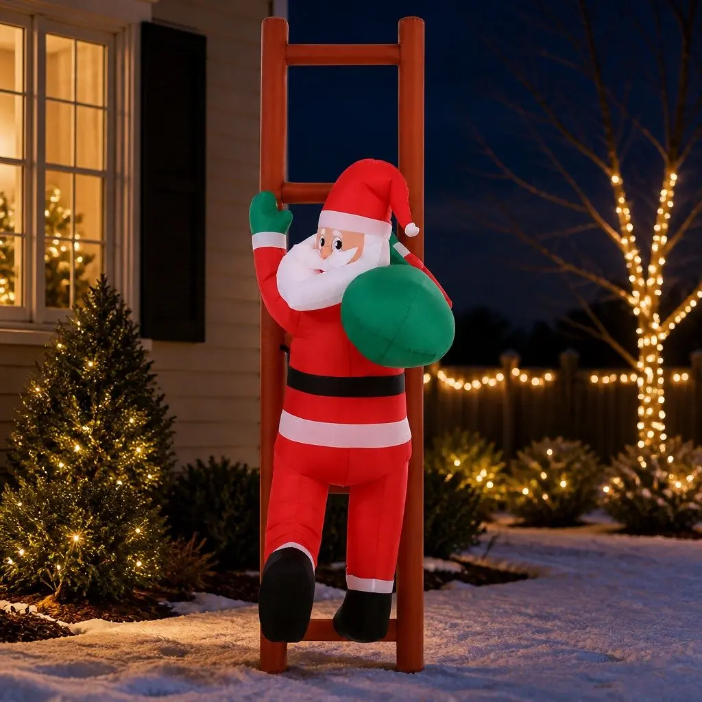 Christmas Inflatable Santa Climbing Ladder 2.45M for Indoor Outdoor Use