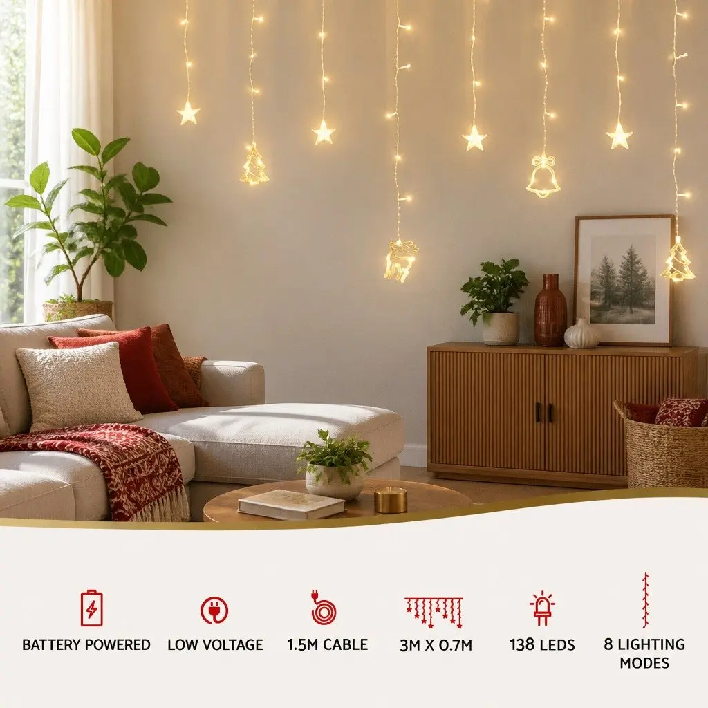 LED Icicle Christmas Lights Indoor Outdoor 3M Warm White 138 Bulbs 8 Modes