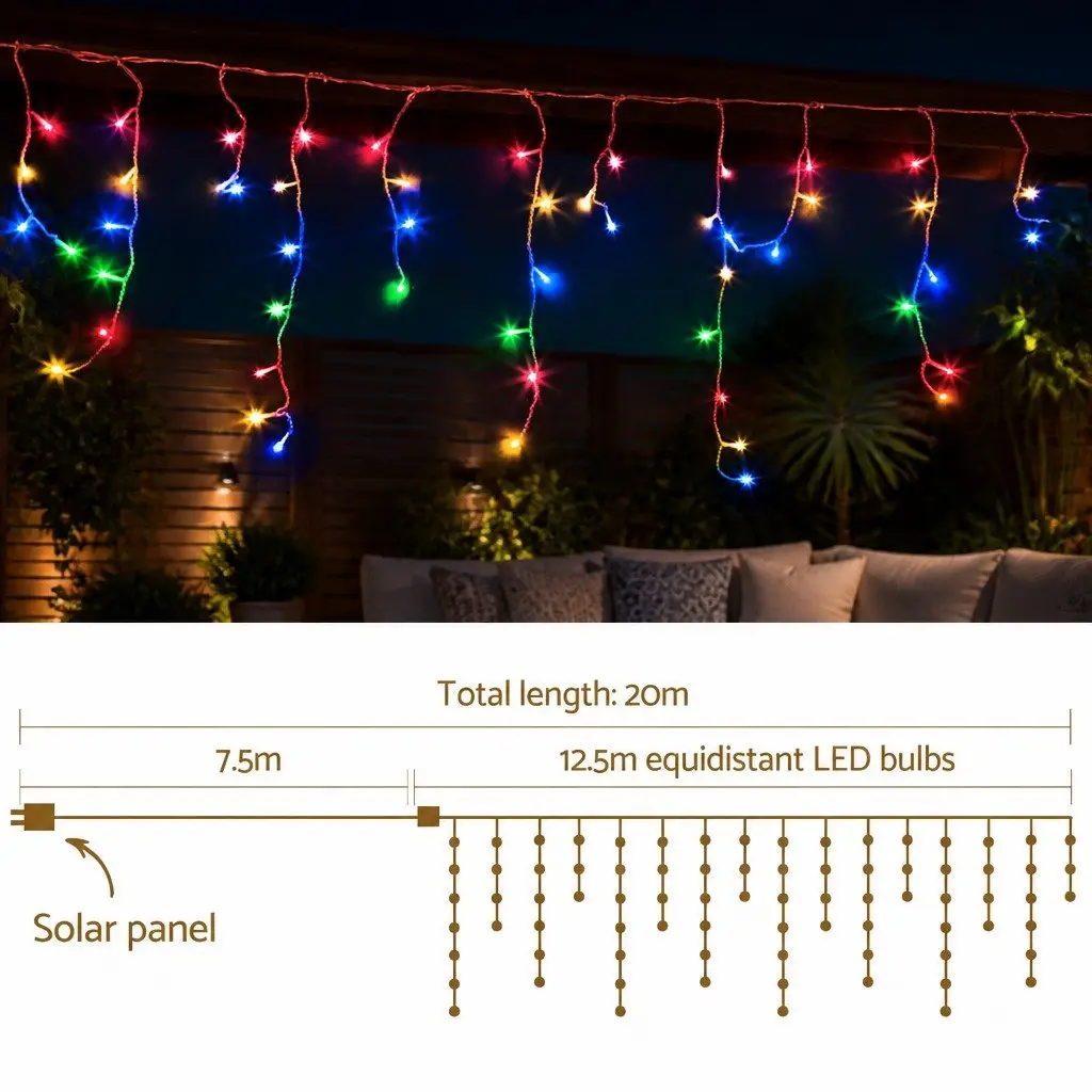 Solar Icicle String Lights Outdoor Use 12.5M Multicoloured 100 Drops