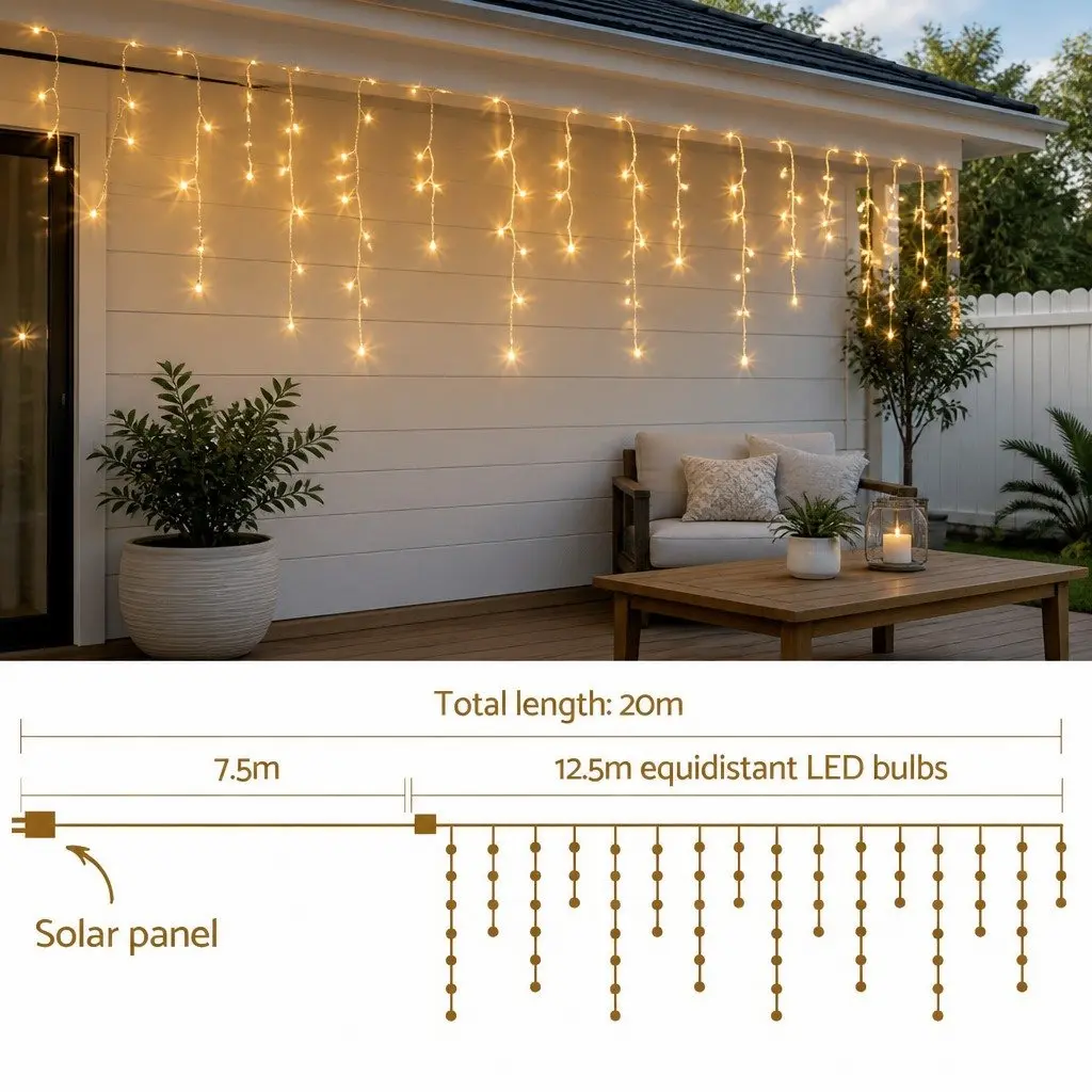 Solar Icicle String Lights Outdoor Use 12.5M Warm White LED 100 Drops