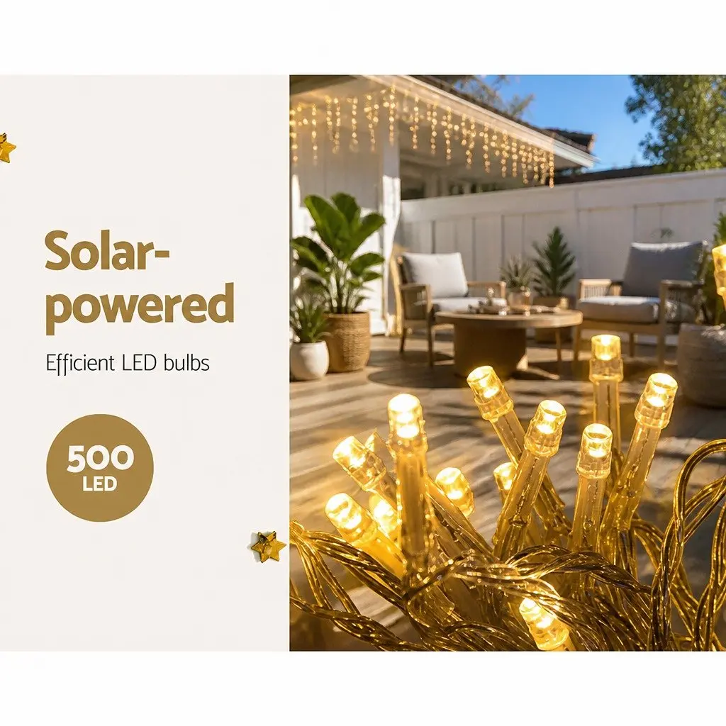 Solar Icicle String Lights Outdoor Use 12.5M Warm White LED 100 Drops