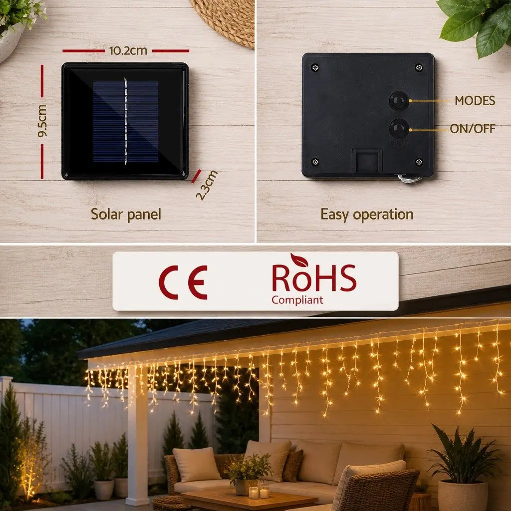 Solar Icicle String Lights Outdoor Use 12.5M Warm White LED 100 Drops