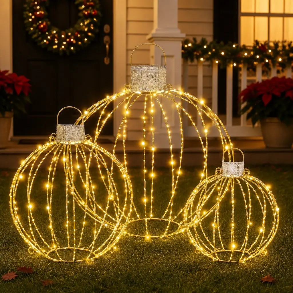 Christmas Light Set Indoor Outdoor 320 LED Warm White 3 Ball Decorations Gold