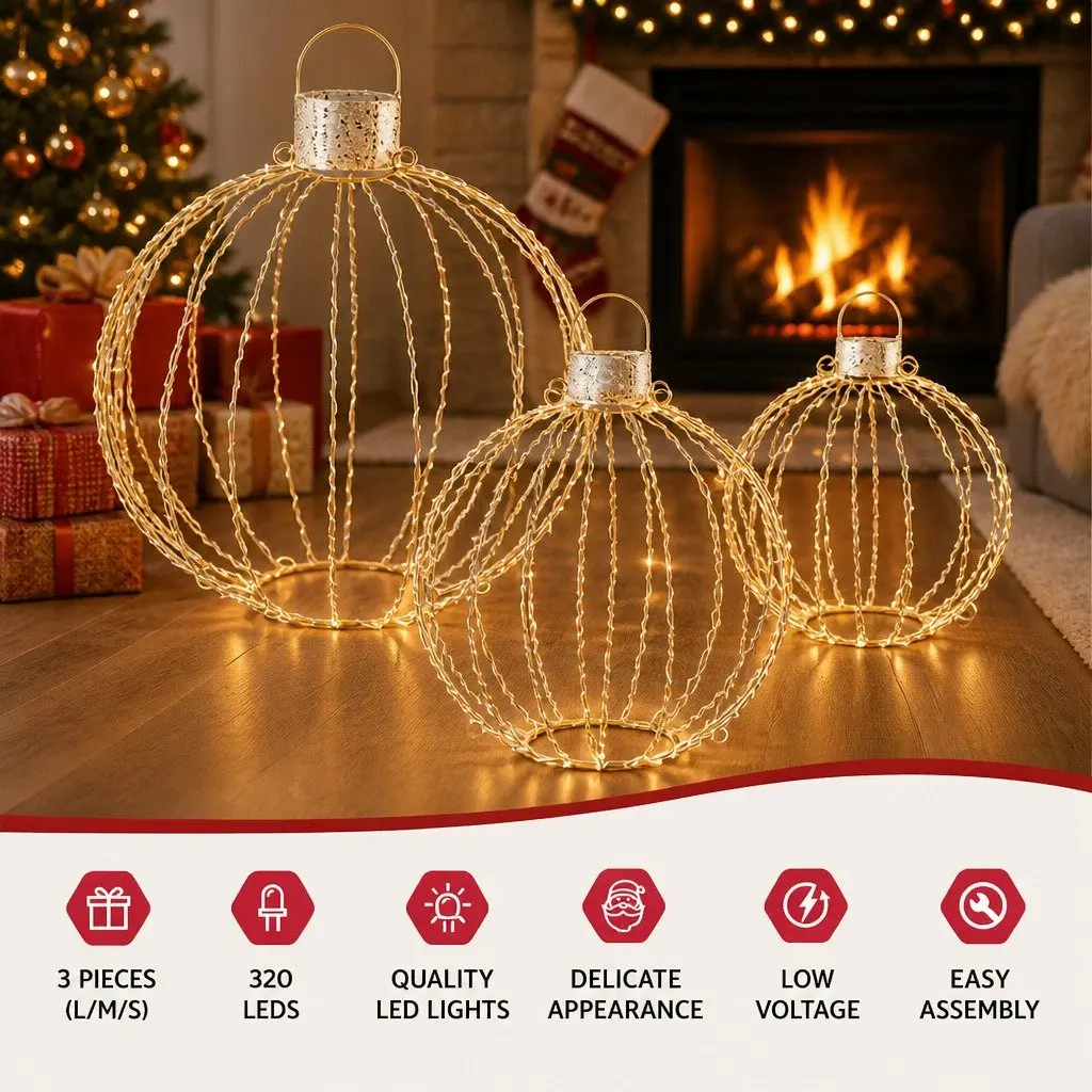 Christmas Light Set Indoor Outdoor 320 LED Warm White 3 Ball Decorations Gold