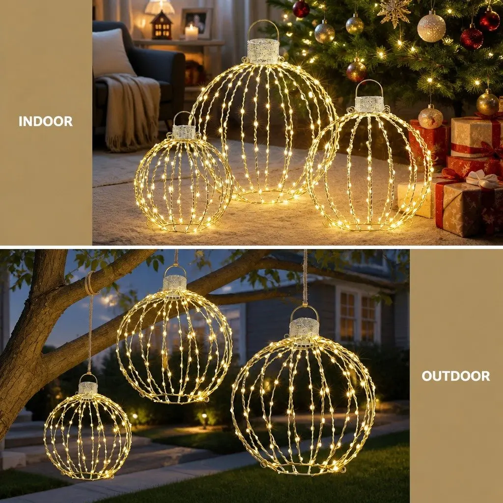 Christmas Light Set Indoor Outdoor 320 LED Warm White 3 Ball Decorations Gold