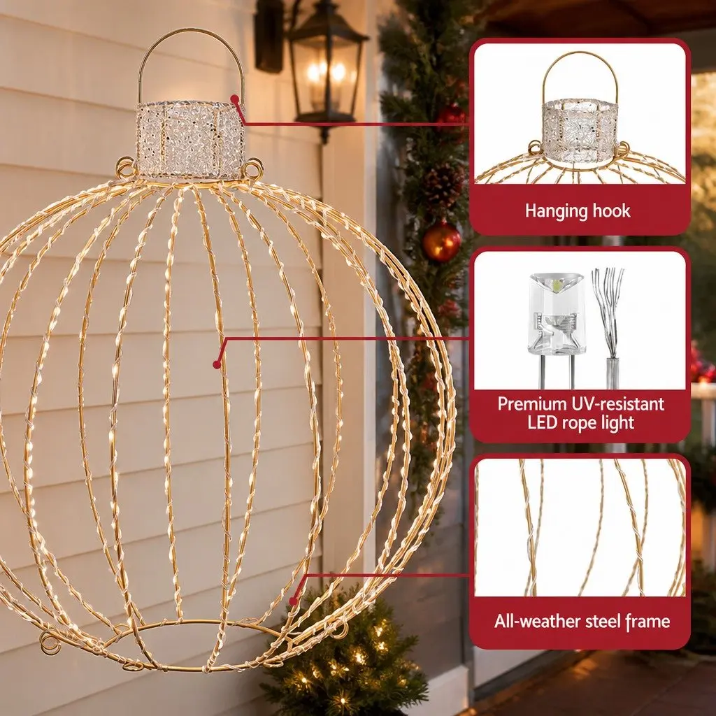 Christmas Light Set Indoor Outdoor 320 LED Warm White 3 Ball Decorations Gold