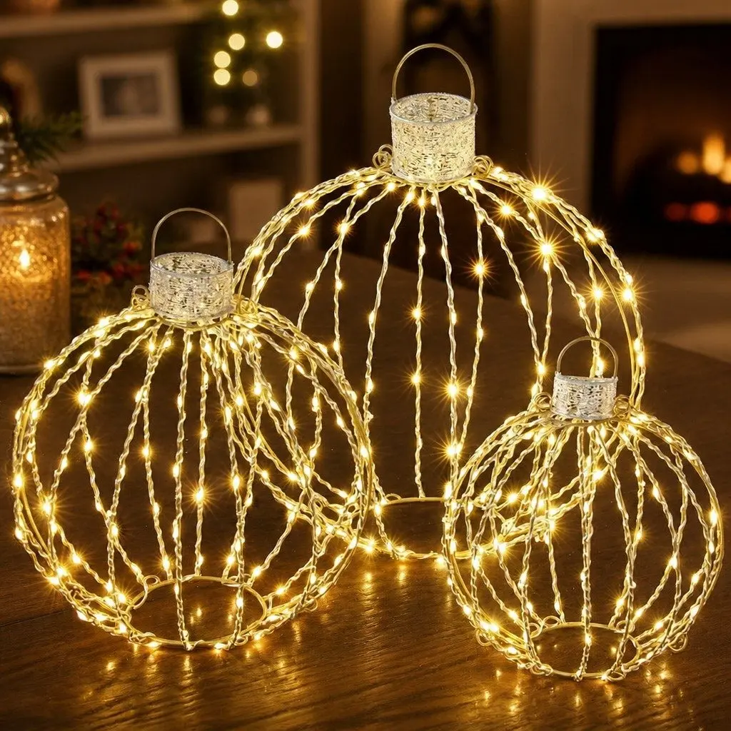 Christmas Light Set Indoor Outdoor 320 LED Warm White 3 Ball Decorations Gold