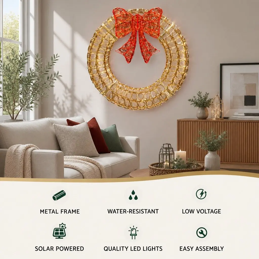 Solar Powered Christmas Wreath for Outdoor Use 0.6M with 160 Warm White LED Lights