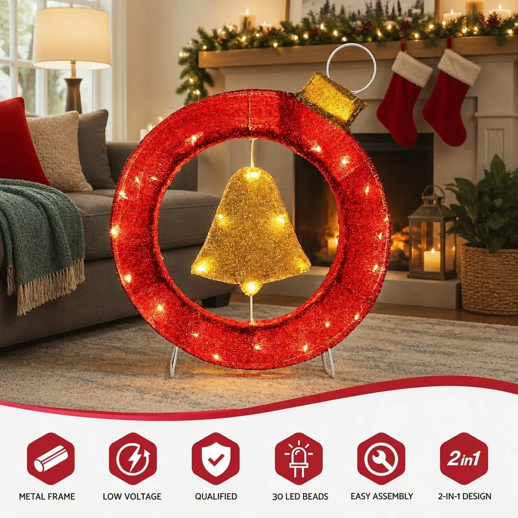 LED Christmas Wreath 60cm Indoor Outdoor Decor with 30 Warm White Lights