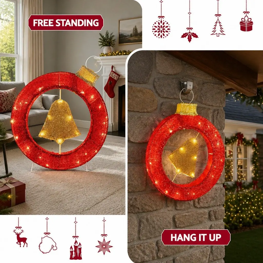 LED Christmas Wreath 60cm Indoor Outdoor Decor with 30 Warm White Lights