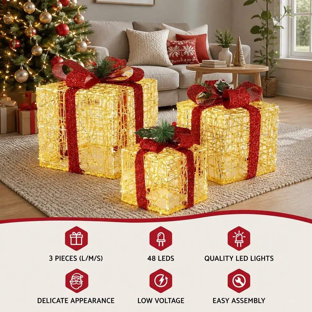 Christmas Lights Gift Box Set Indoor Outdoor 3 Piece 48 LED Warm-White