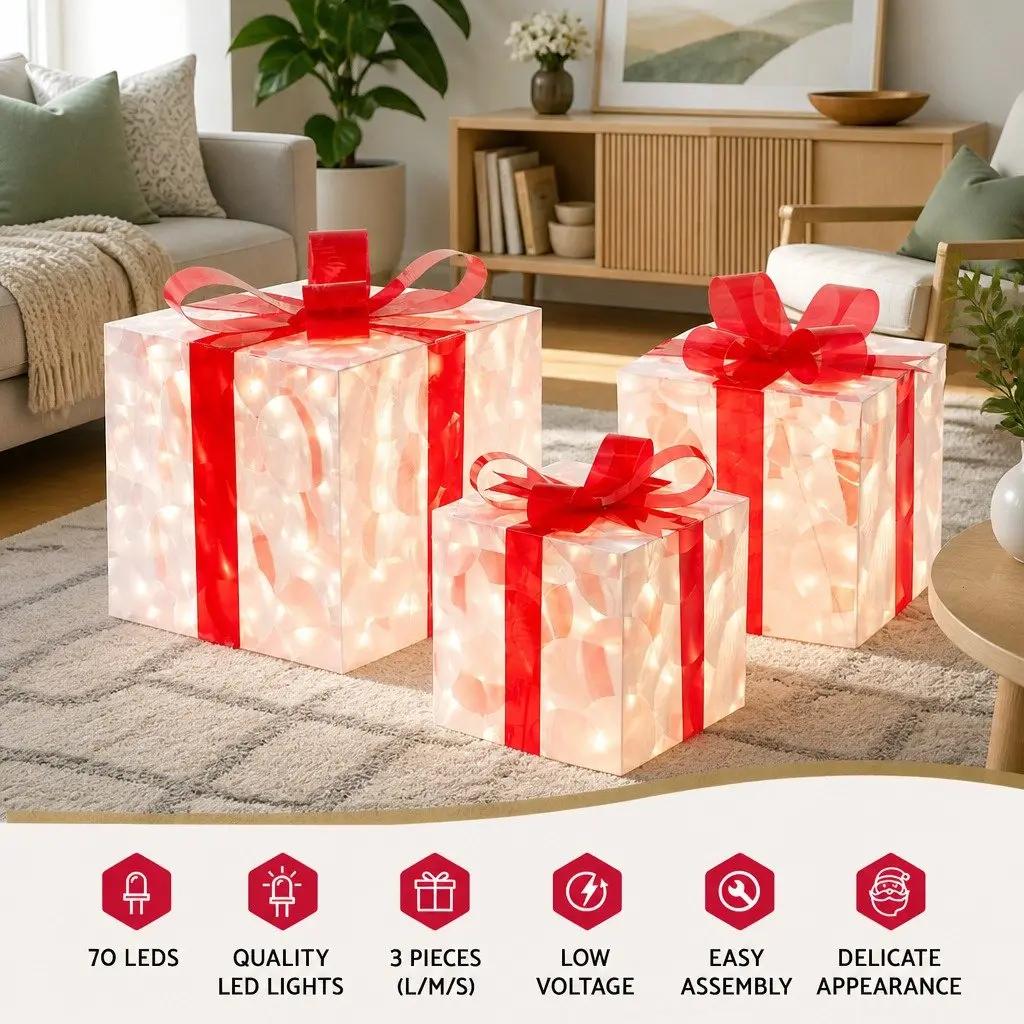 3 PCS Christmas Lights 70 LED Warm White Gift Box Indoor Outdoor Decoration