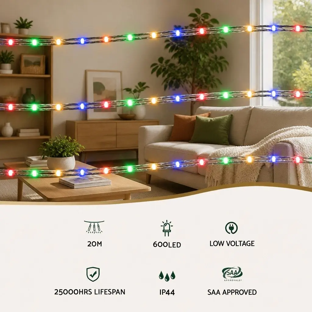 Christmas Rope Lights Indoor Outdoor 20M 600 LED Multicolour String Decorations
