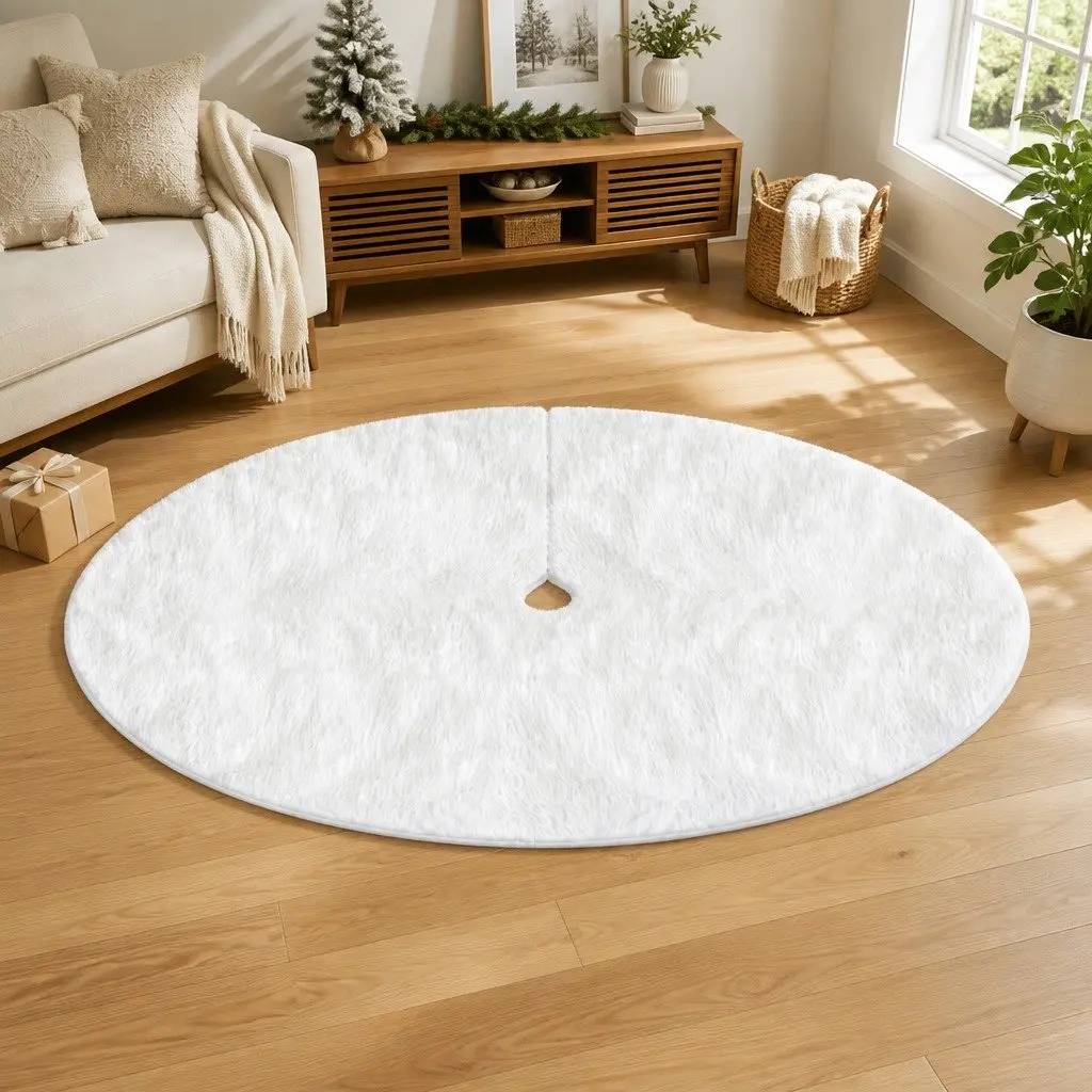 Christmas Tree Skirt 120cm White Plush Fluffy Holiday Decoration
