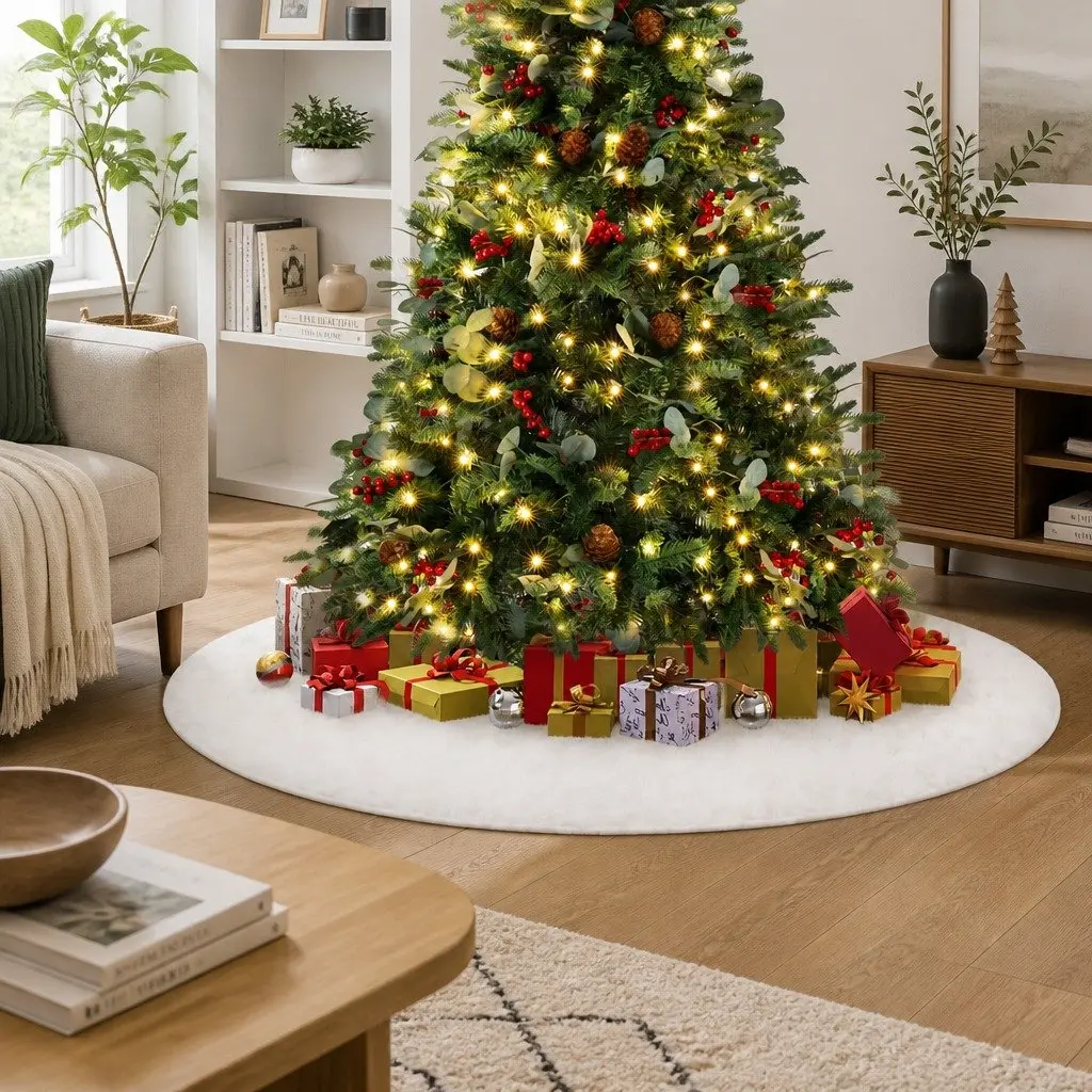 Christmas Tree Skirt 120cm White Plush Fluffy Holiday Decoration