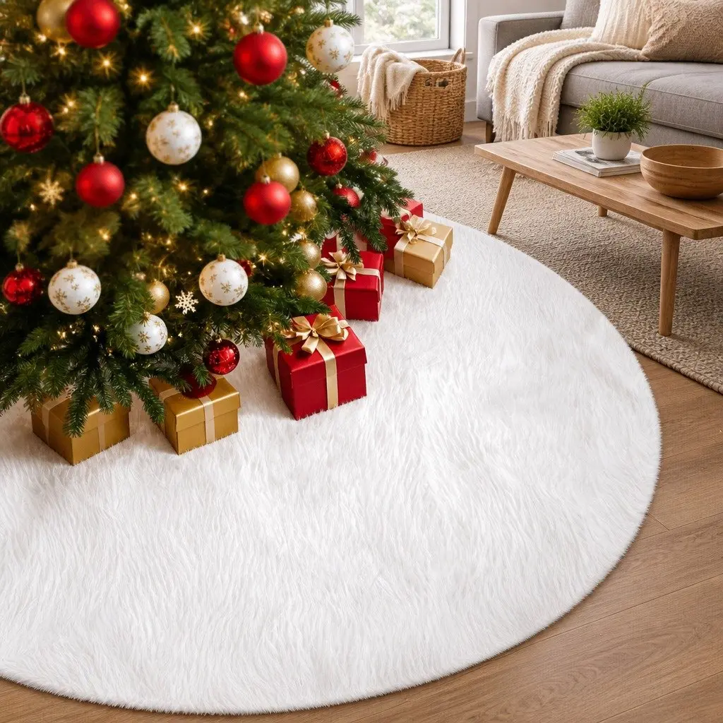 Christmas Tree Skirt 120cm White Plush Fluffy Holiday Decoration