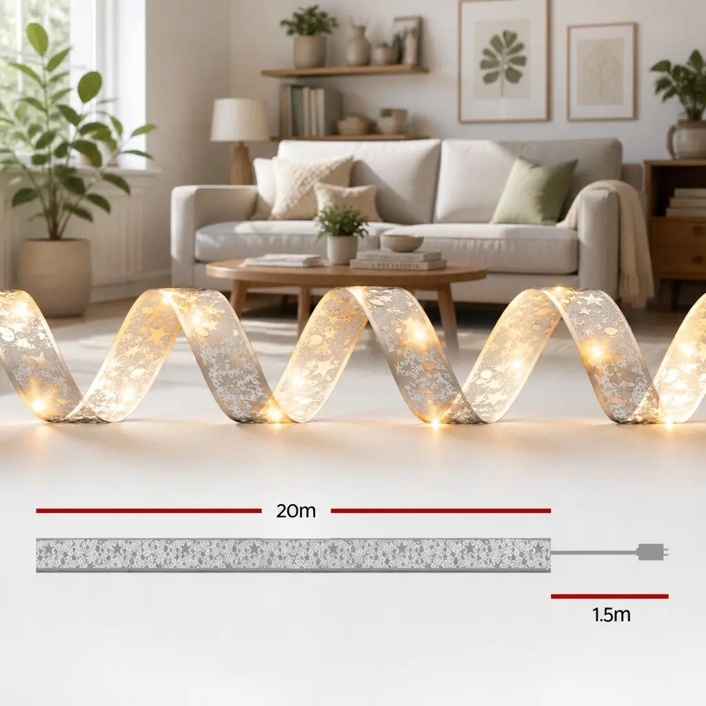 Christmas Lights Indoor Outdoor 20M 200 LED Warm White Ribbon