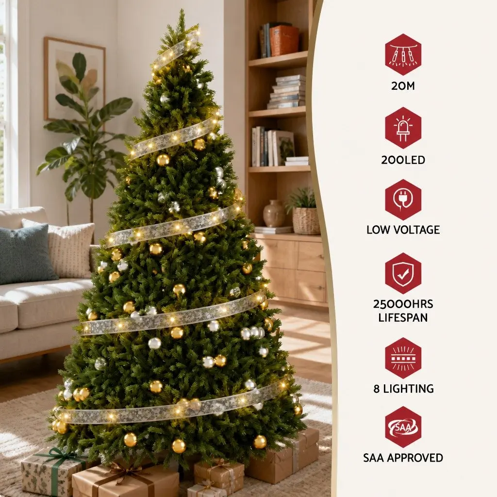 Christmas Lights Indoor Outdoor 20M 200 LED Warm White Ribbon