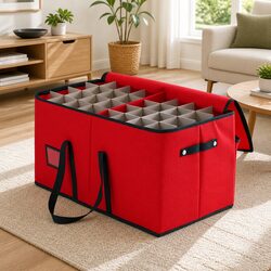 Christmas Ornament Storage Box 128 Slots, Red Color, Non-Woven Fabric