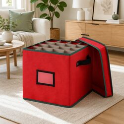 Christmas Baubles Storage Box - 30x30x30 cm, Red Fabric