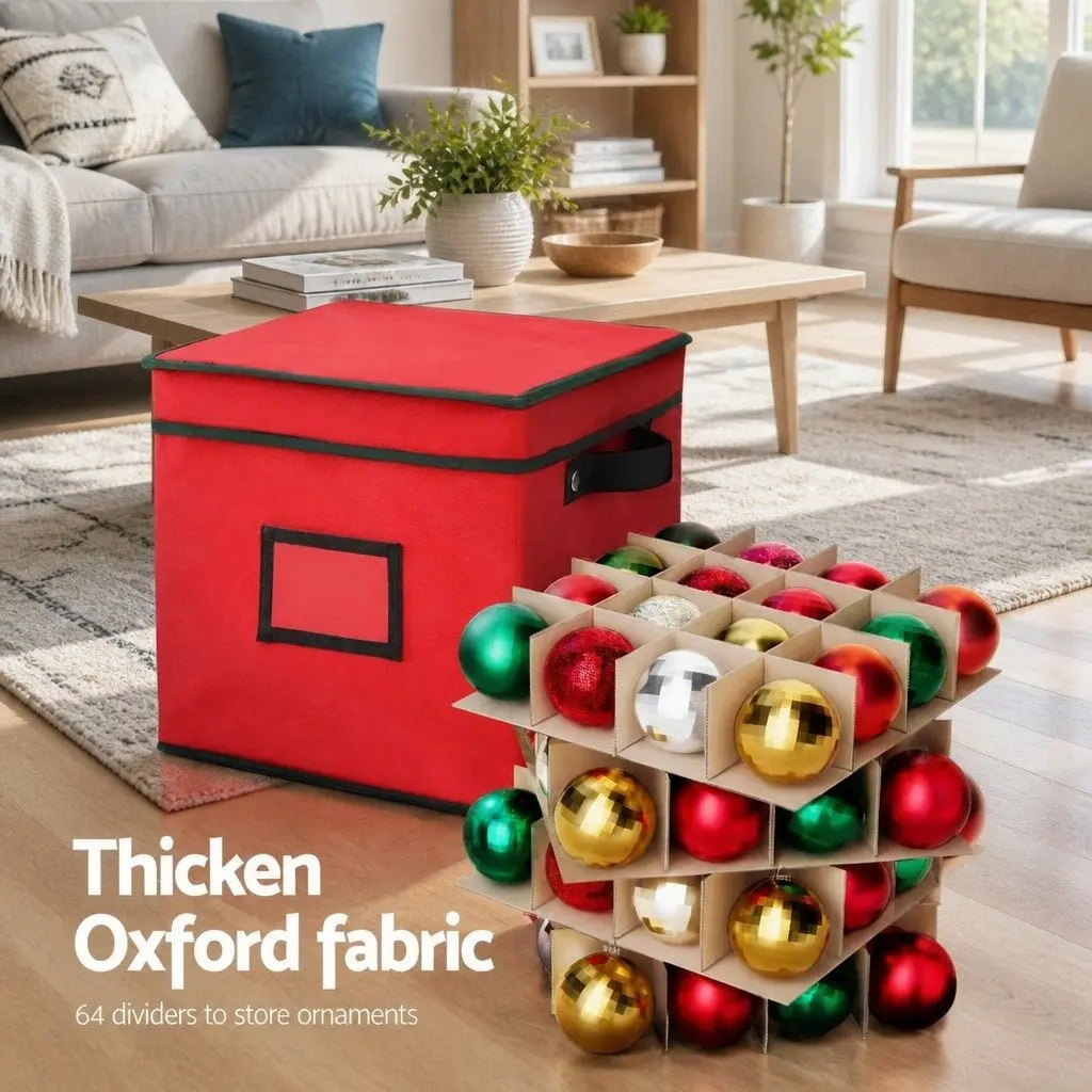 Christmas Baubles Storage Box 64 Dividers Xmas Ornaments Container Red Organizer