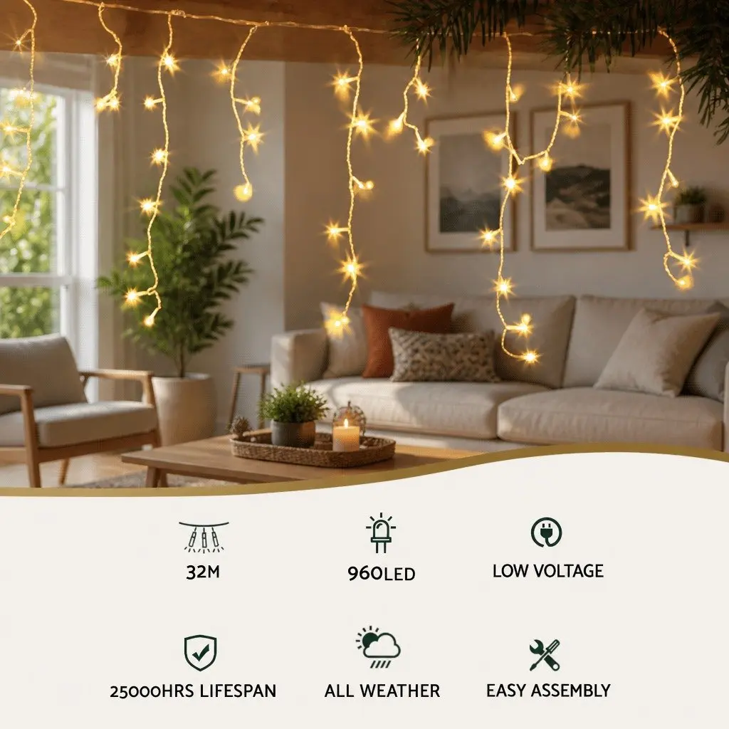 Icicle Christmas Lights Outdoor 32M Warm White 960 LED