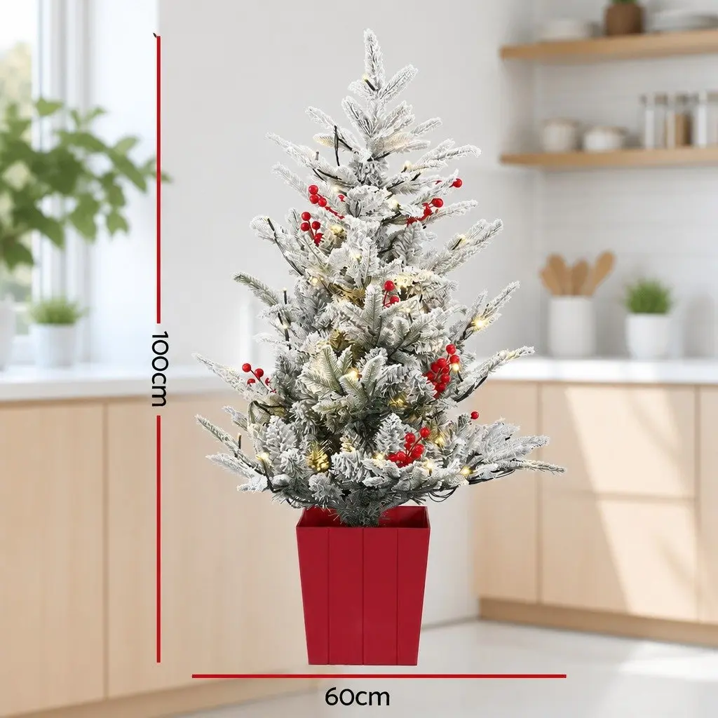 Christmas Potted Tree 100cm LED Warm White Lights Flocked Red Berries Tabletop